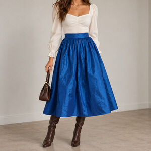 Socialite Womens Taffeta Midi Skirt Size M Blue Pleated A-line Pull On Glam Chic